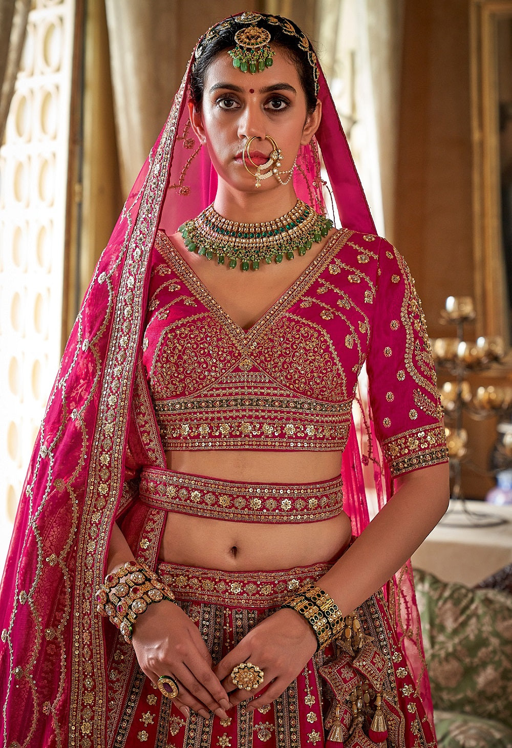 Pink Wedding Lehenga with Embroidery & Pearl Work