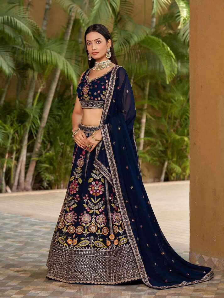 Navy Blue Georgette Lehenga with Thread & Zari Embroidery
