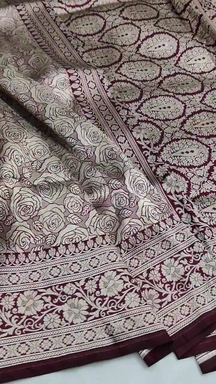 Wine Banarasi Handloom Katan Silk Brocade Saree