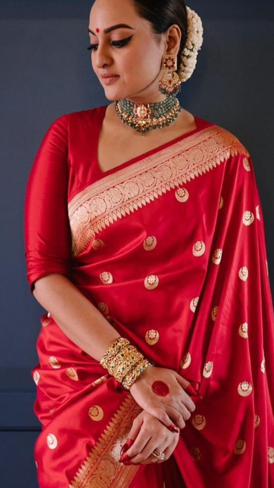 Red Banarasi Handloom Mashru Silk Chand Tara Bridal Saree