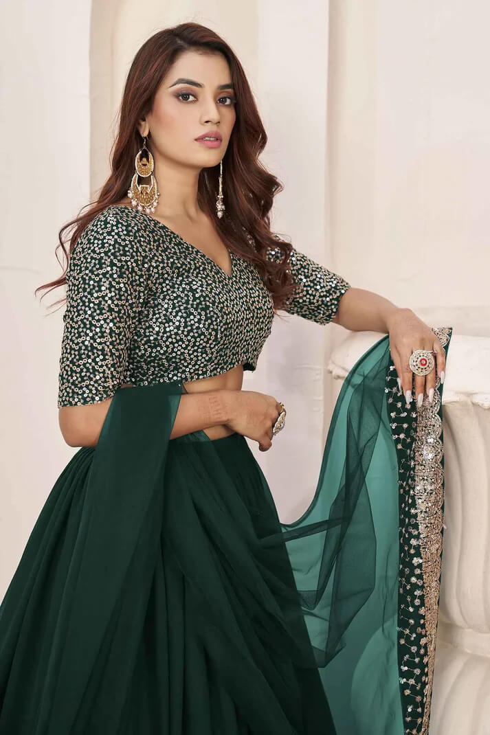 Green Designer Georgette Lehenga with Sequins & Zari