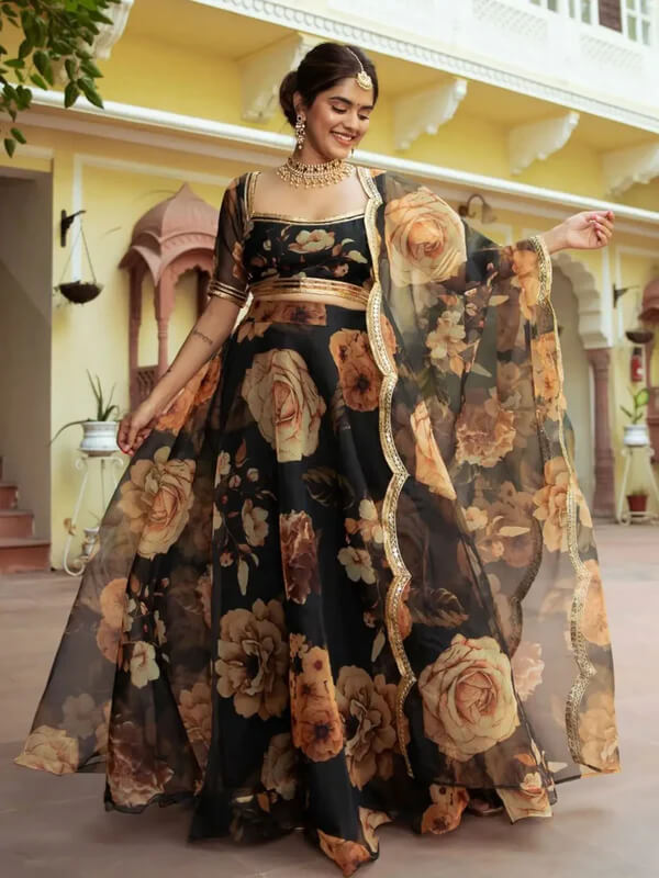Black Organza Lehenga with Floral Print & Gota Patti