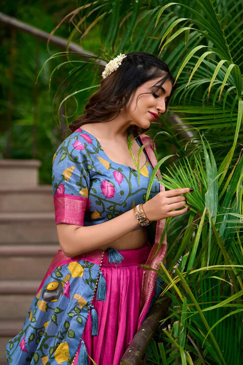 Elegant Pink Dola Silk Lehenga Choli with Kalamkari Print & Zari Work