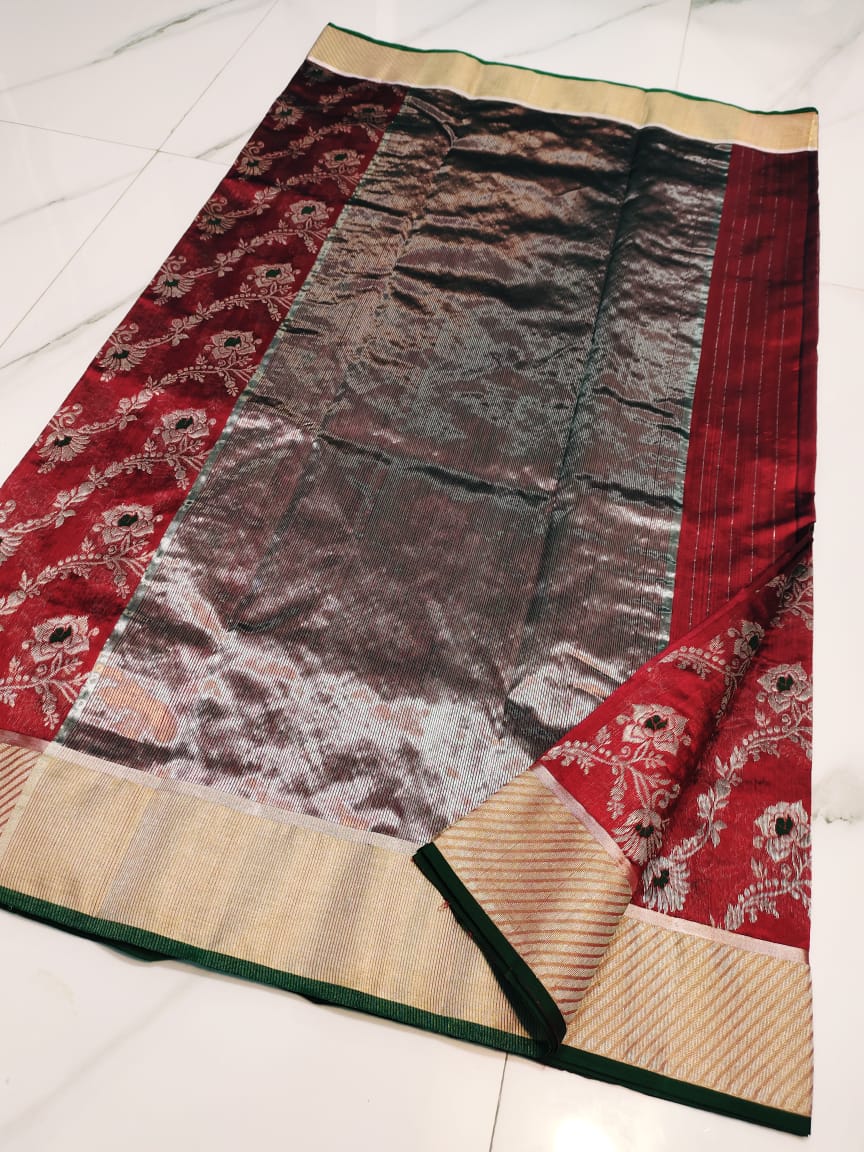 Red Chanderi Handloom Pattu Silk Meenakari Handwork Saree