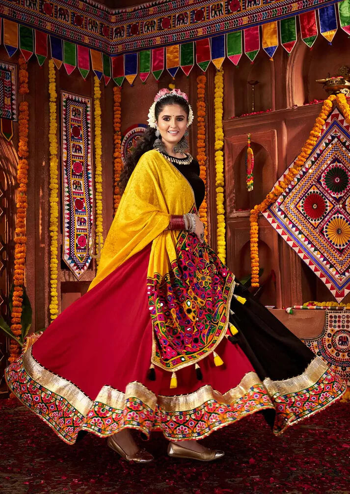 Multi Color Cotton Thread & Mirror Work Navratri Lehenga