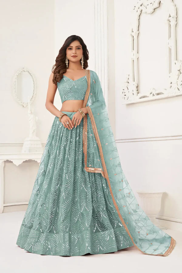Ocean Blue Embroidered Net Lehenga Choli