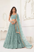 Ocean Blue Embroidered Net Lehenga Choli