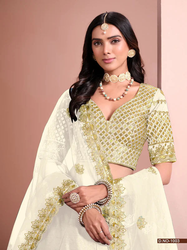 Off White Art Silk Lehenga with Paper Mirror & Embroidery