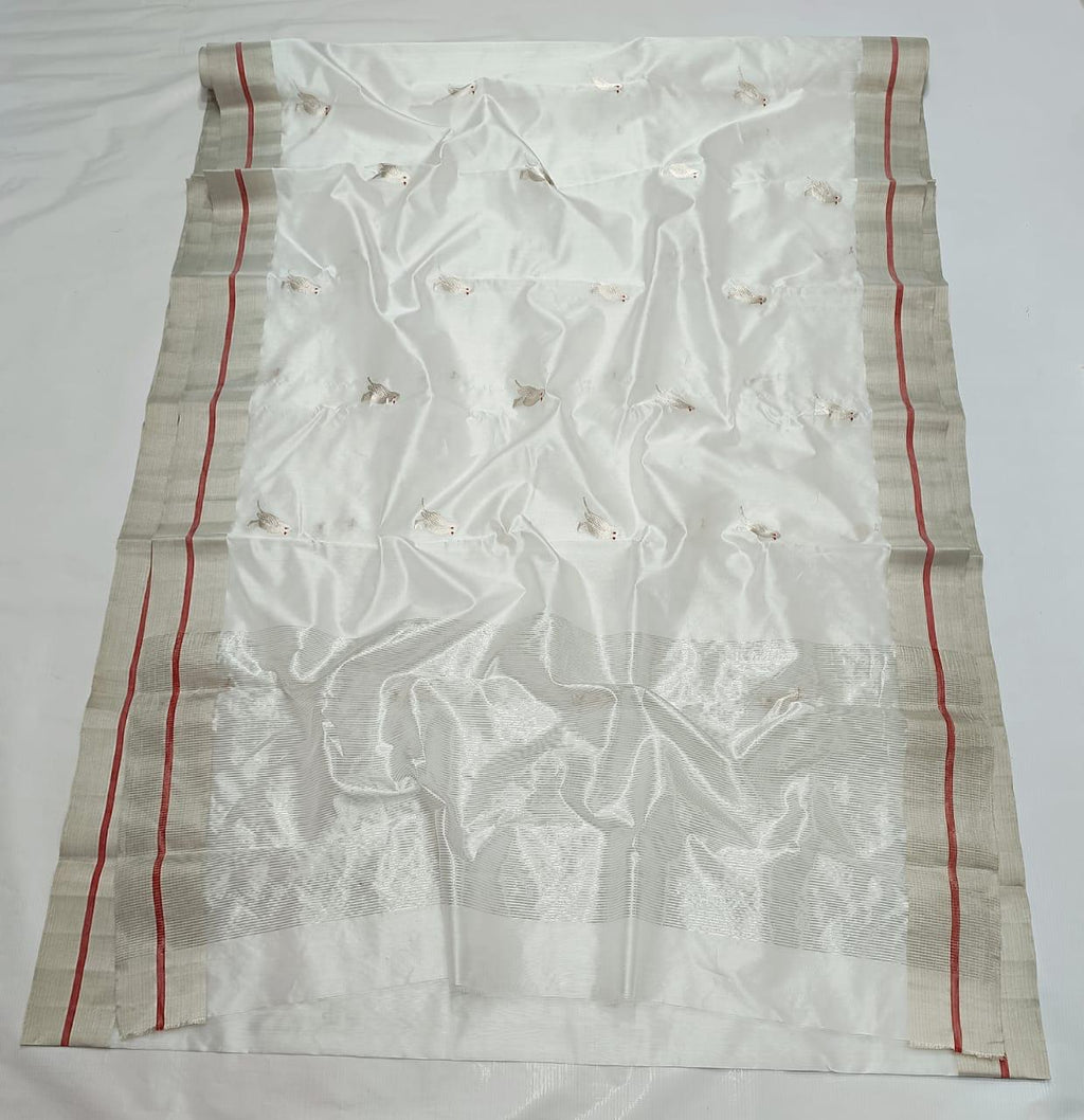 Pearl White Chanderi Handloom Pattu Silk Meenakari Saree