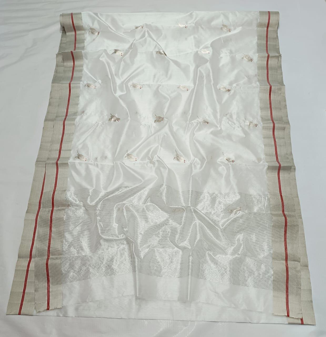 Pearl White Chanderi Handloom Pattu Silk Meenakari Saree