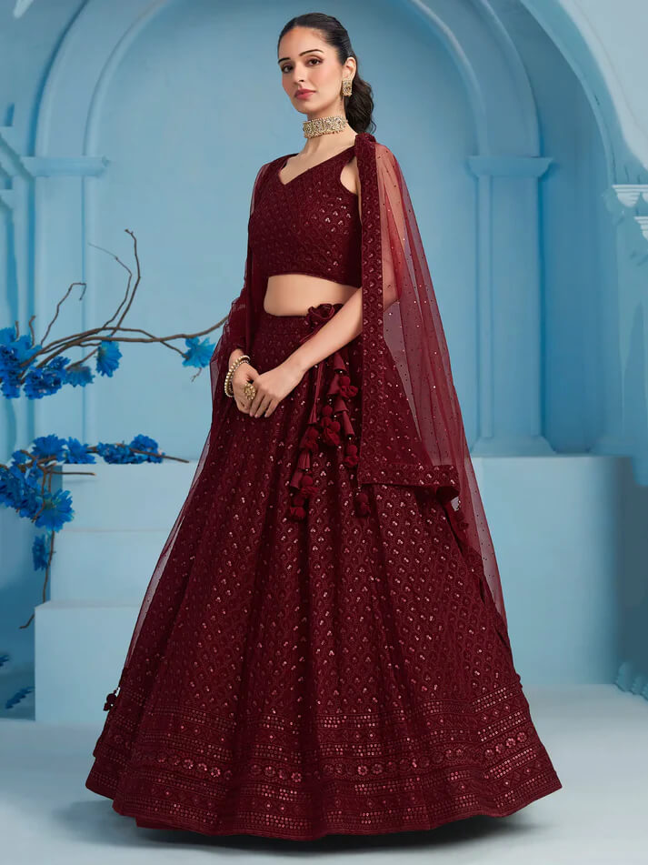 Maroon Designer Lehenga with Sequins & Dupatta