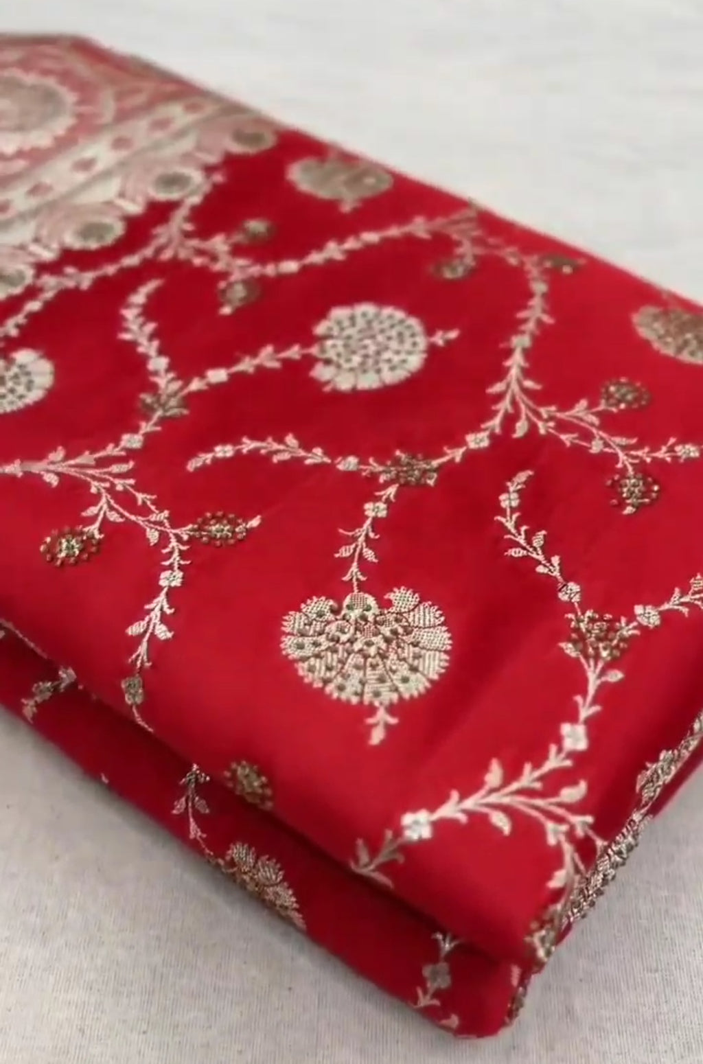 Red Banarasi Satin Katan Silk Swarovski Jangla Saree
