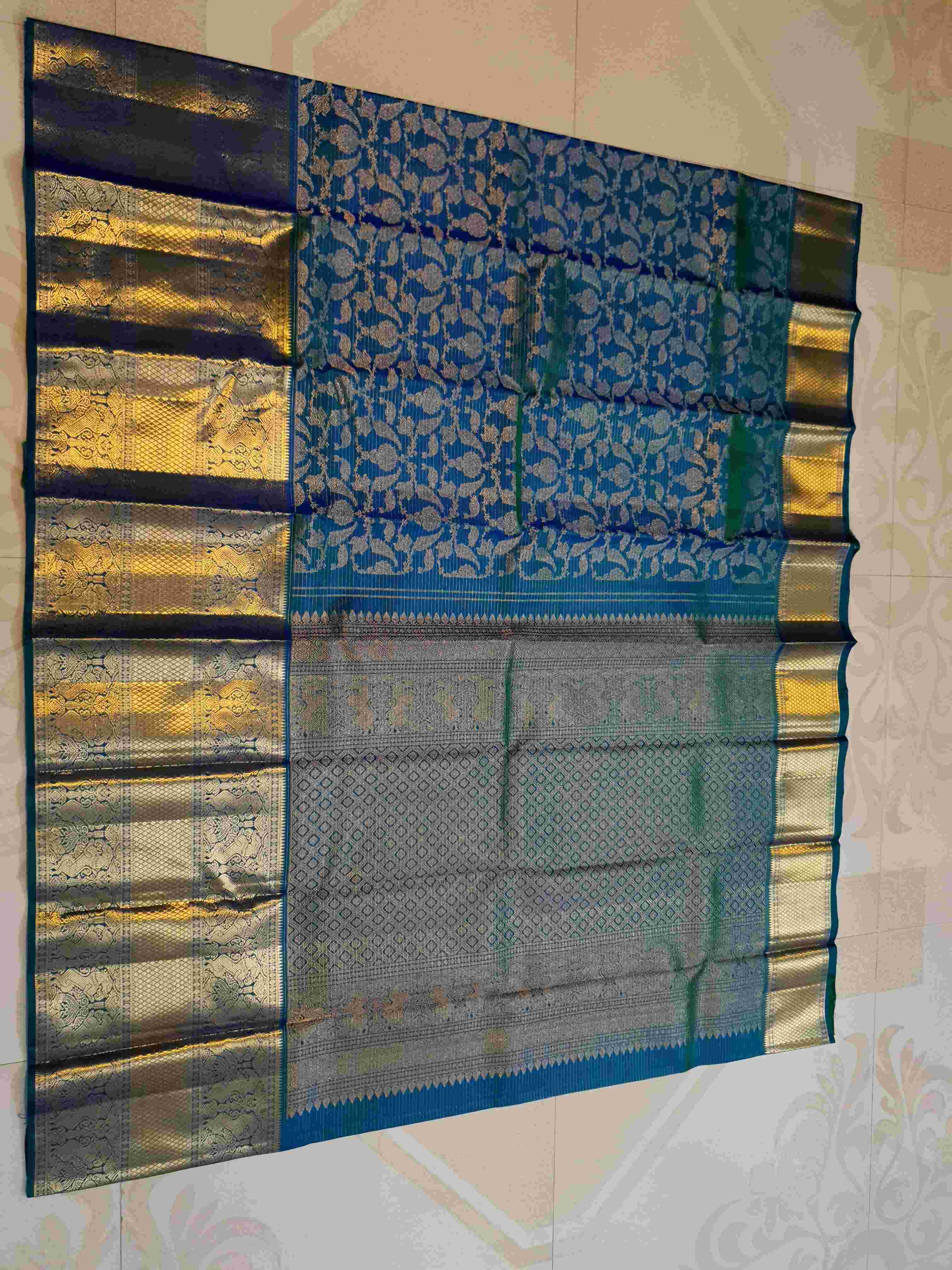 Peacock Blue Kanchipuram Handloom 2G Gold Vairaoosi Silk Saree