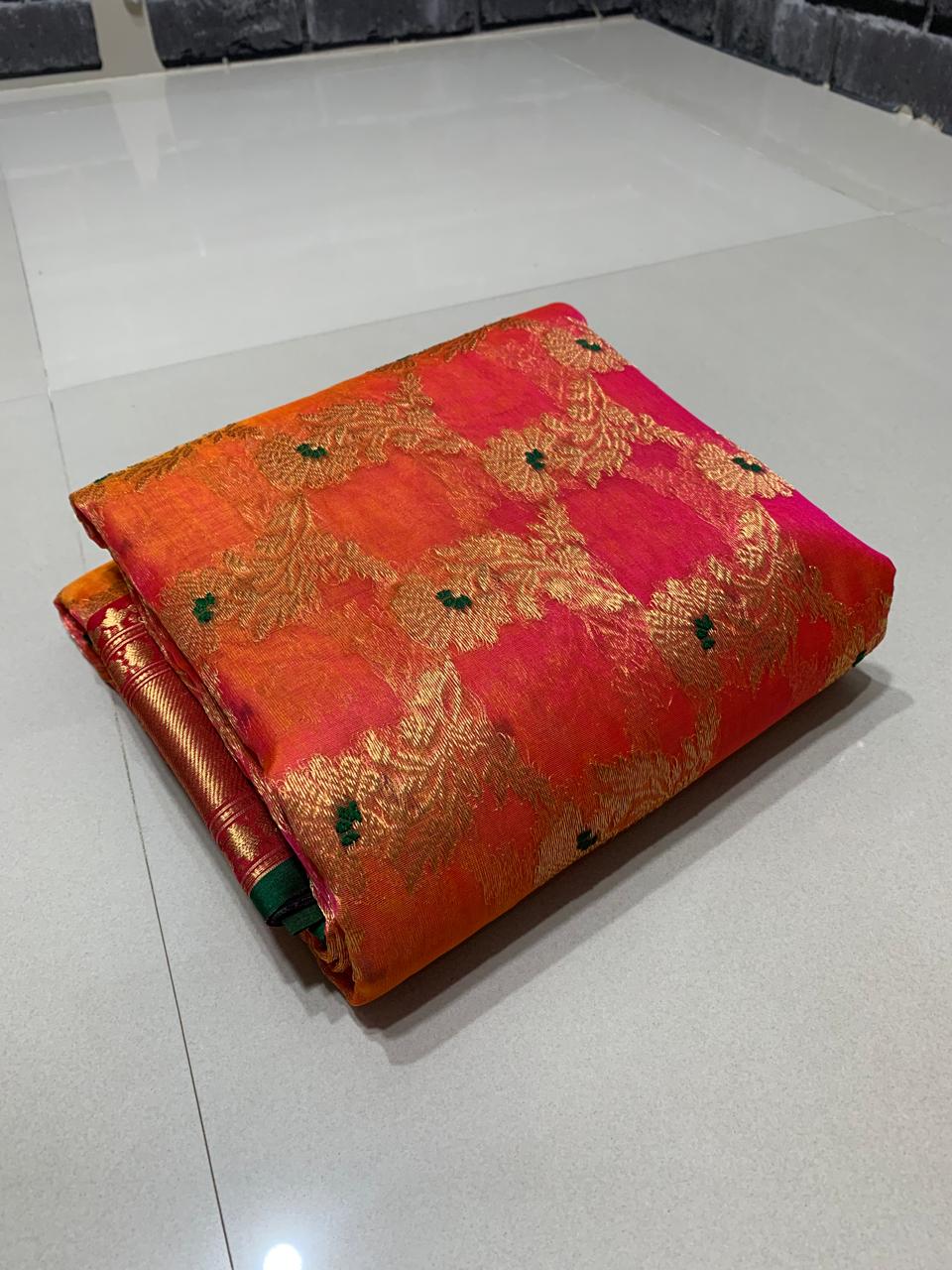 Chilly Red Chanderi Handloom Katan Silk Meenakari Nakshi Saree