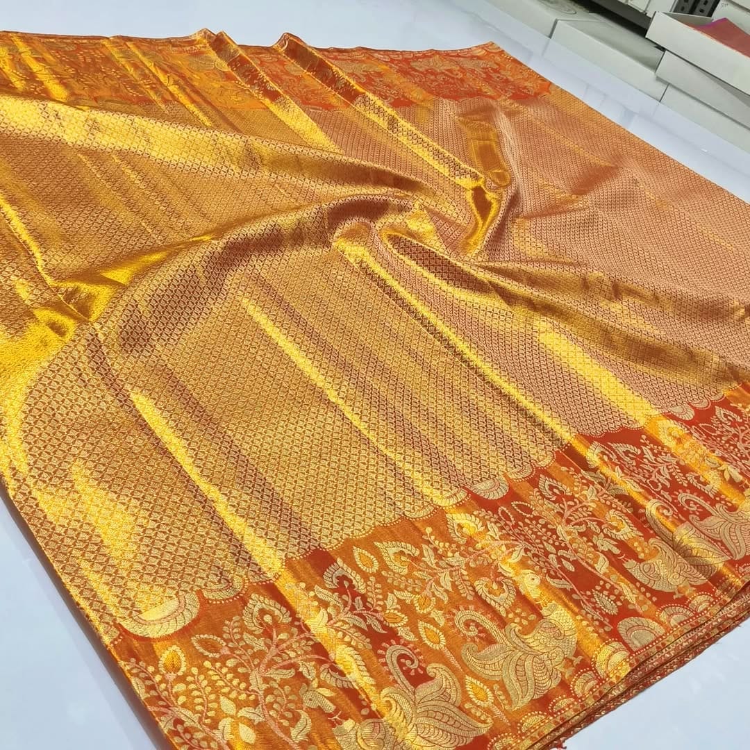 Orange Kanchipuram Handloom 2D Tissue Brocade Silk Saree