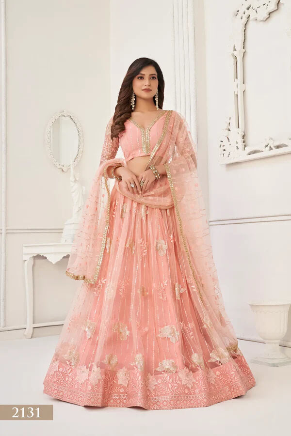 Elegant Peach Net Embroidered Lehenga Choli