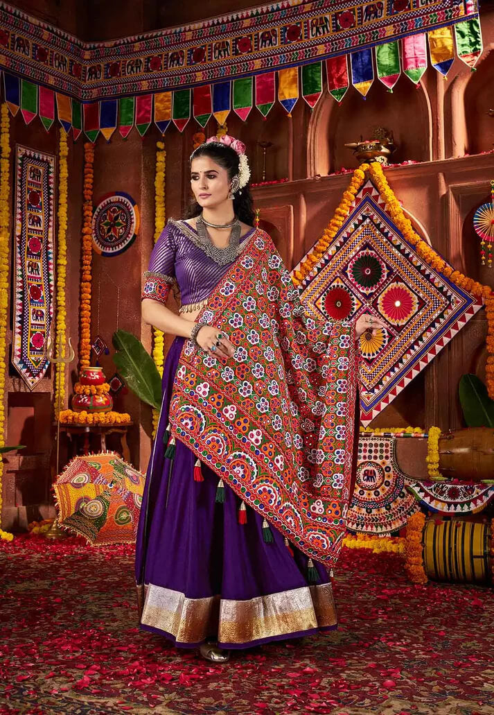Dark Purple Embroidered Navratri Lehenga with Mirror Dupatta