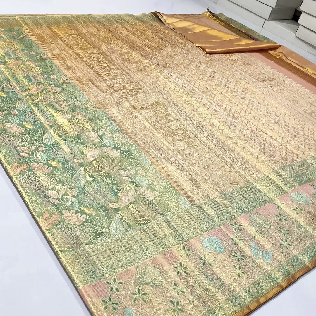 Pastel Green Kanchipuram Handloom Tissue Brocade Silk Saree