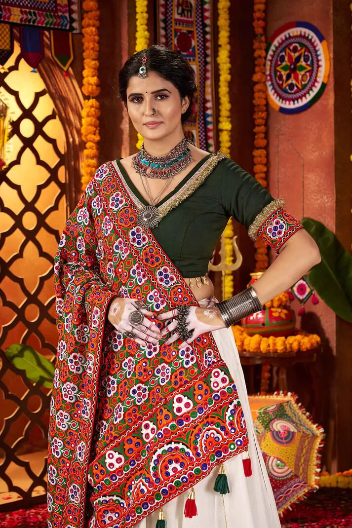 Off White Embroidered Navratri Lehenga with Mirror Dupatta