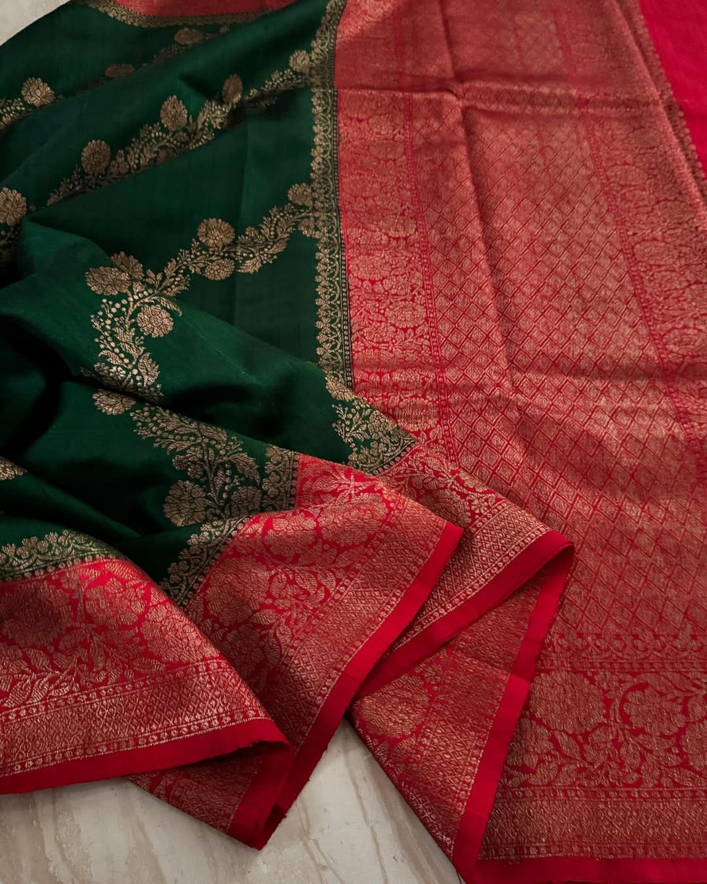 Bottle Green Banarasi Handloom Tussar Raw Silk Saree