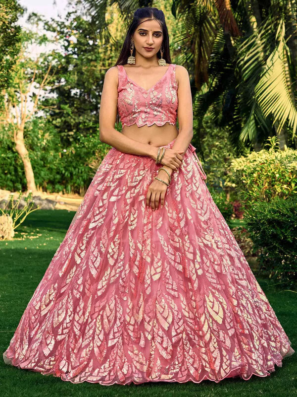 Pink Soft Net Lehenga with Sequins & Thread Work