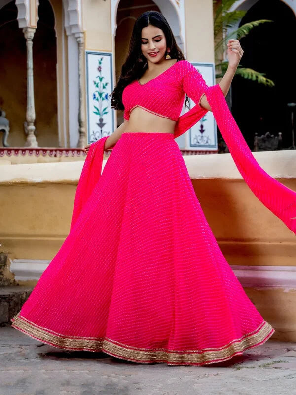 Rani Pink Leheriya Georgette Lehenga with Zari Lace