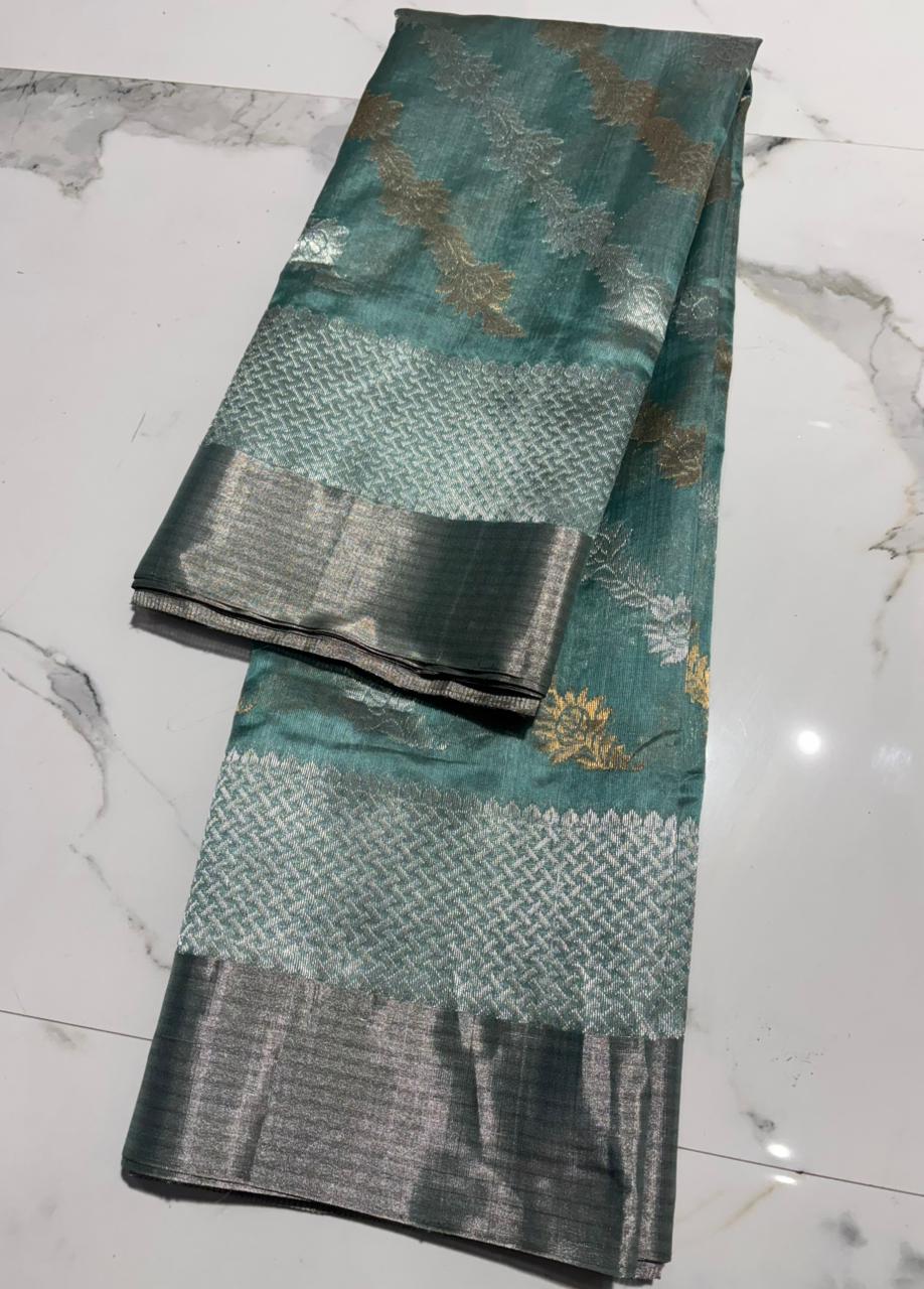 Steel Blue Chanderi Handloom Pattu Silk Handwork Saree