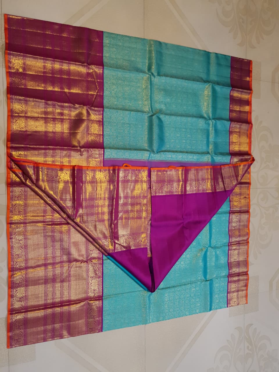 Havgrøn Kanchipuram Håndvæv 2G Guld Pattu Silk Saree