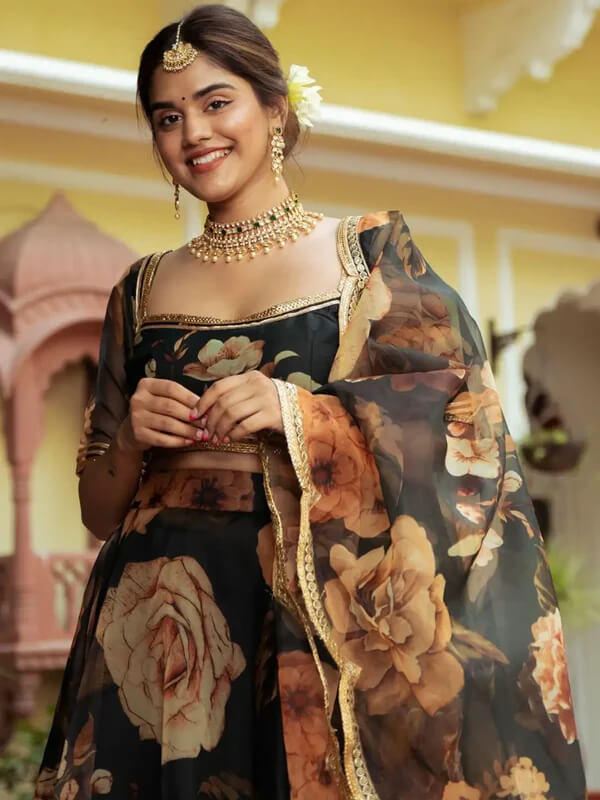 Black Organza Lehenga with Floral Print & Gota Patti