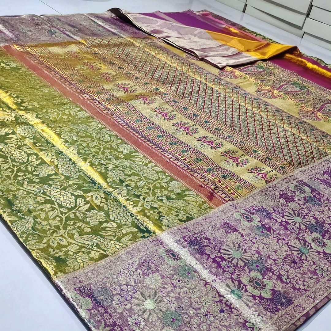 Mehandi Green Kanchipuram handloom Tissue Brocade Meenakari Silk Saree