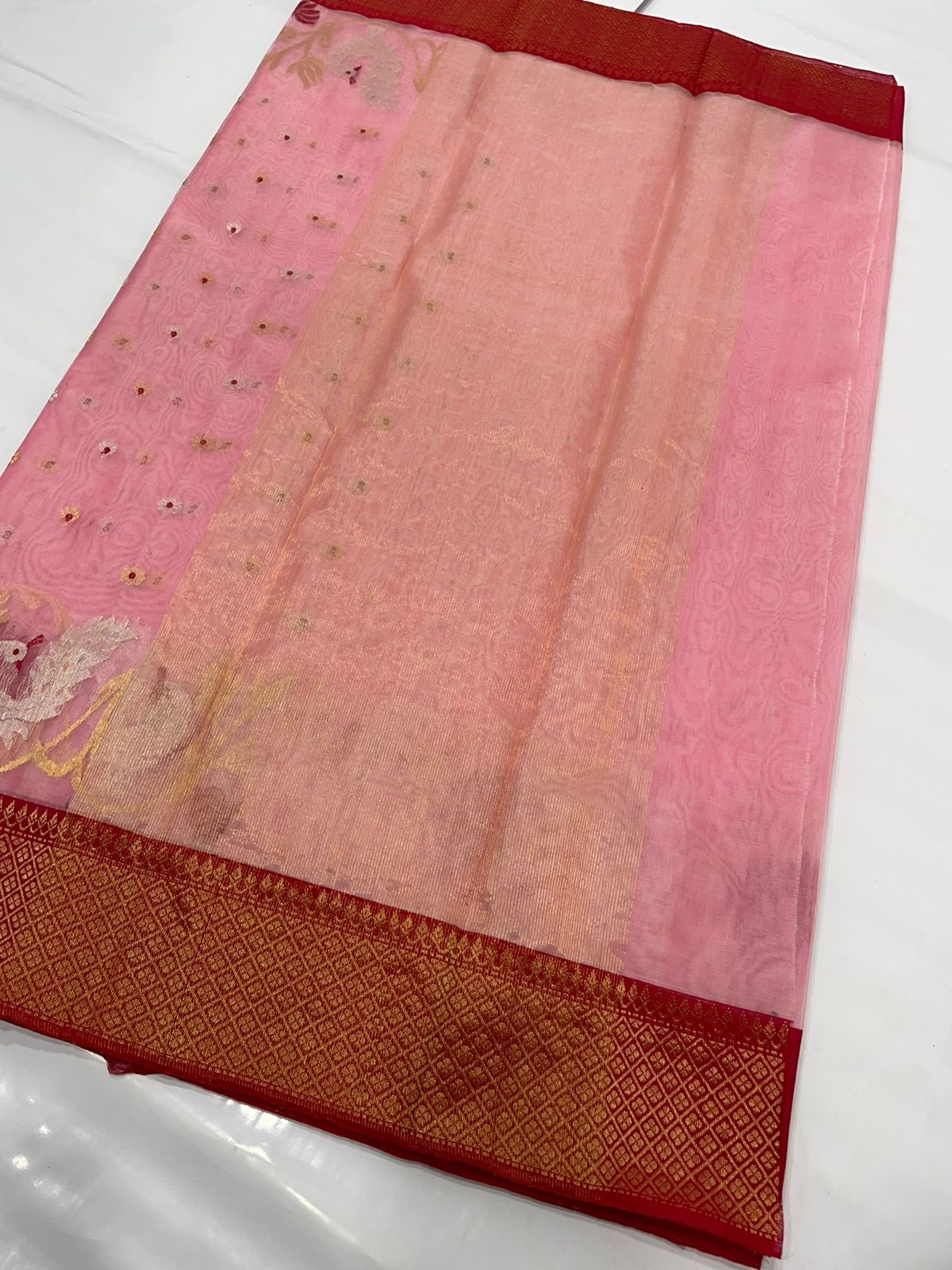 Coral Pink Chanderi handloom Katan Silk Meenakari Saree