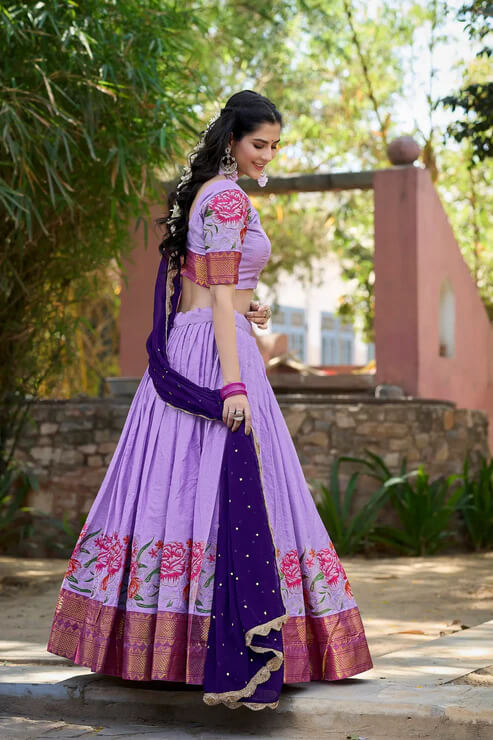 Lavender Cotton Silk Bridal Lehenga Choli with Embroidery