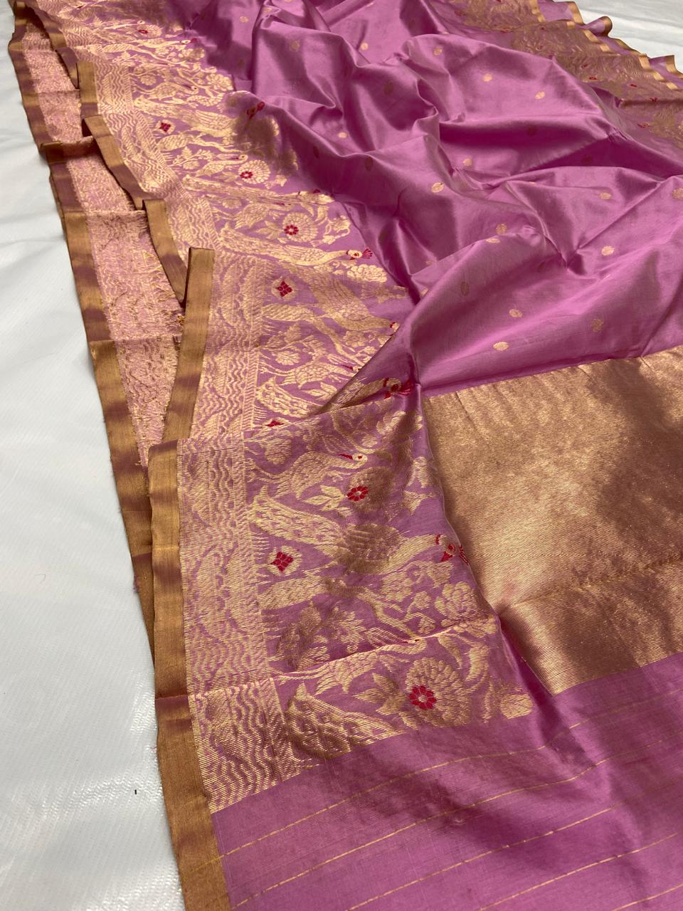 Onion Pink Chanderi Handloom Pattu Silk Meenakari Handwork Saree