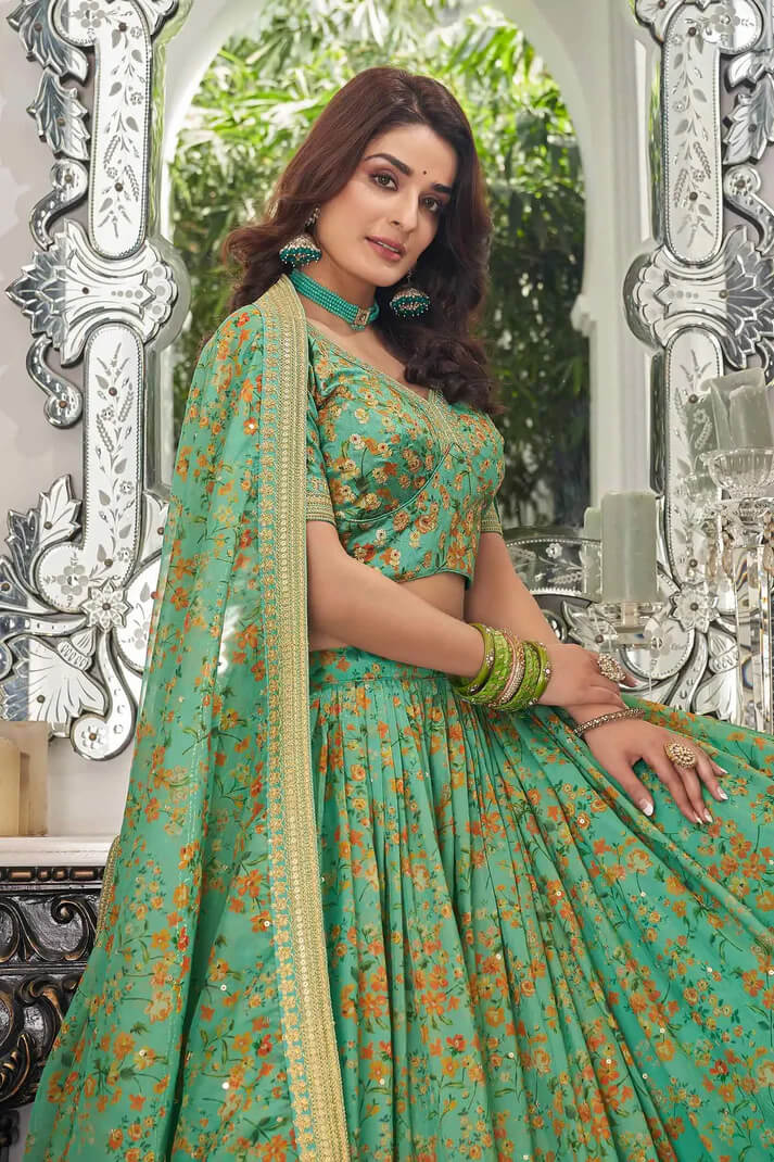 Pista Organza Floral Lehenga with Zari & Sequins Work