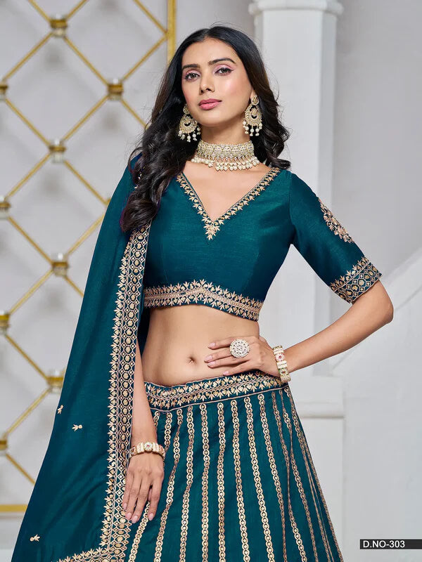Dark Teal Art Silk Lehenga Choli with Thread & Sequins Work