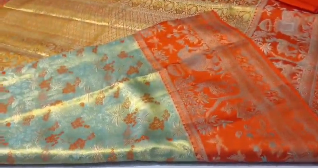 Pista Green Kanchipuram Handloom Tissue Brocade Meenakari Silk Saree