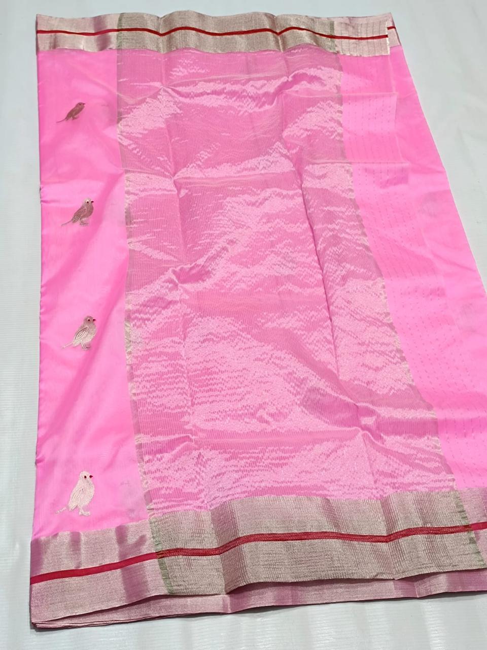 Hot Pink Chanderi Handloom Pattu Silk Meenakari Saree