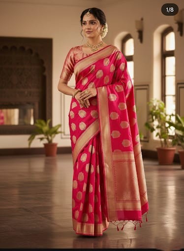 Mørk Pink Banarasi Håndvæv Katan Silk Meenakari Saree