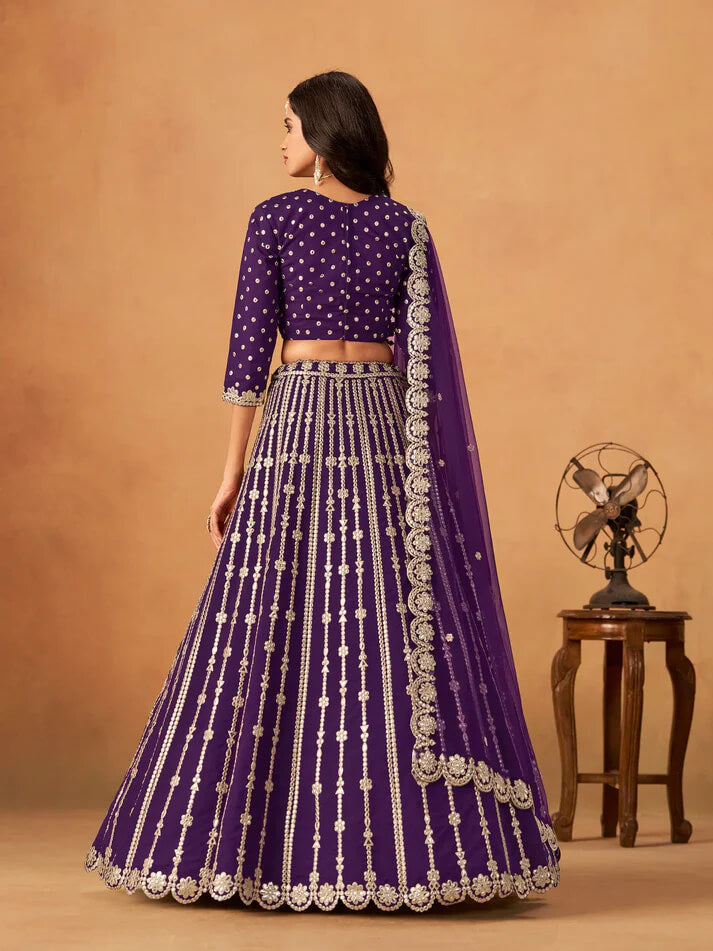 Purple Art Silk Lehenga with Mirror & Embroidery