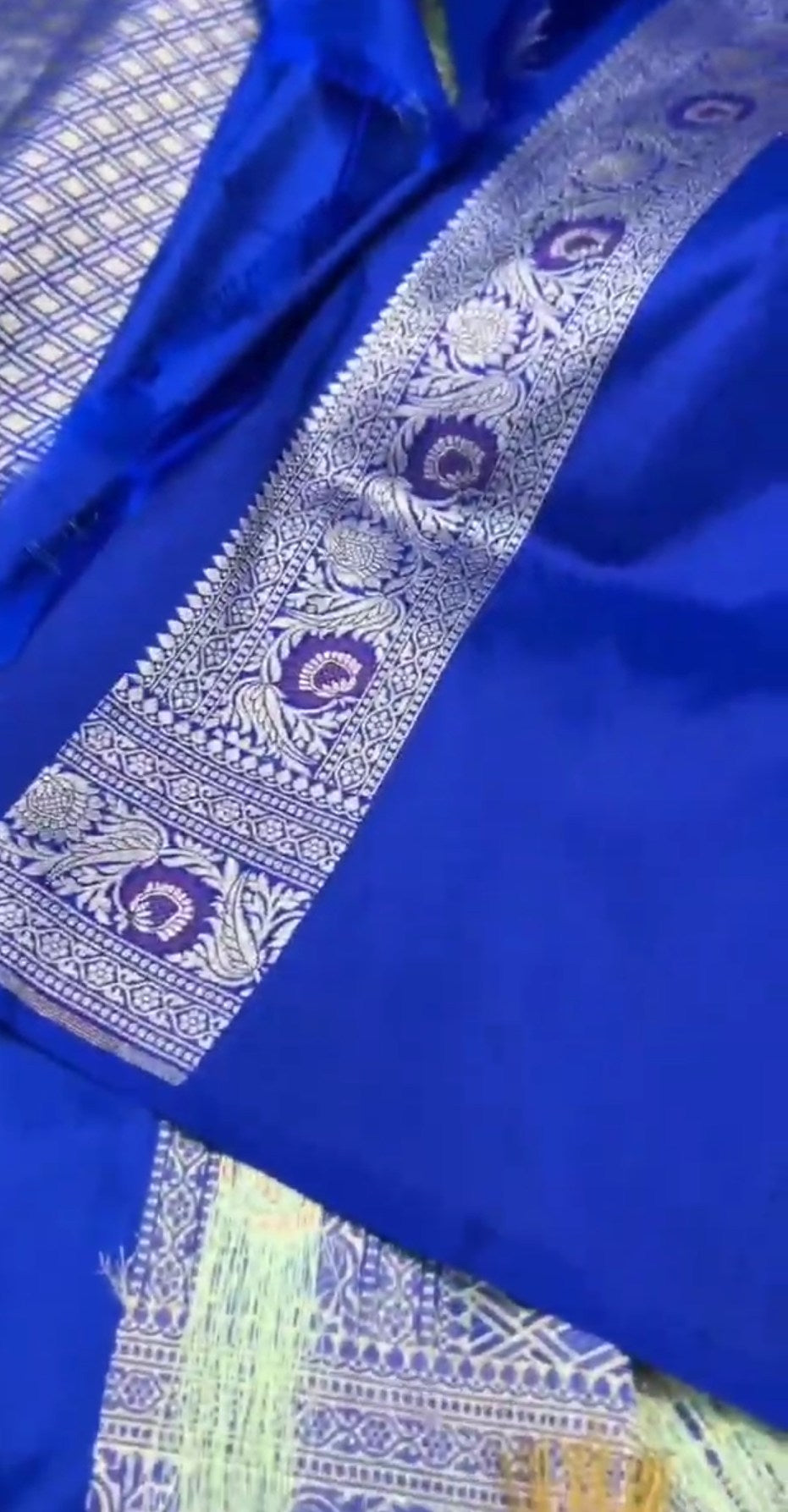 Azure Blue Handloom Banarasi Katan Silk Saree with Colorful Meenakari Floral Borders and Silk Mark Authenticity Label.