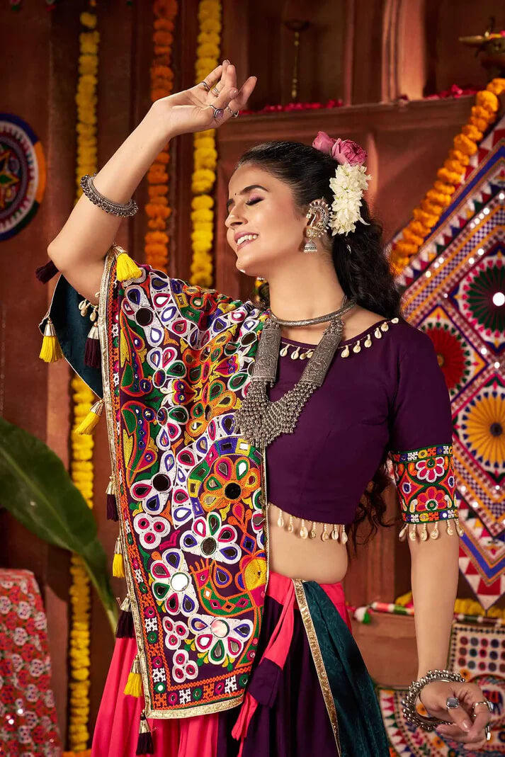 Multi Color Thread & Mirror Work Cotton Navratri Lehenga