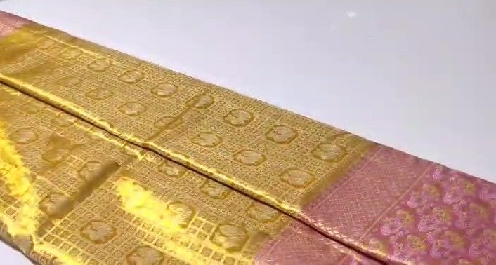 Guld Kanchipuram Håndvævet Brokade Meenakari Silkesari