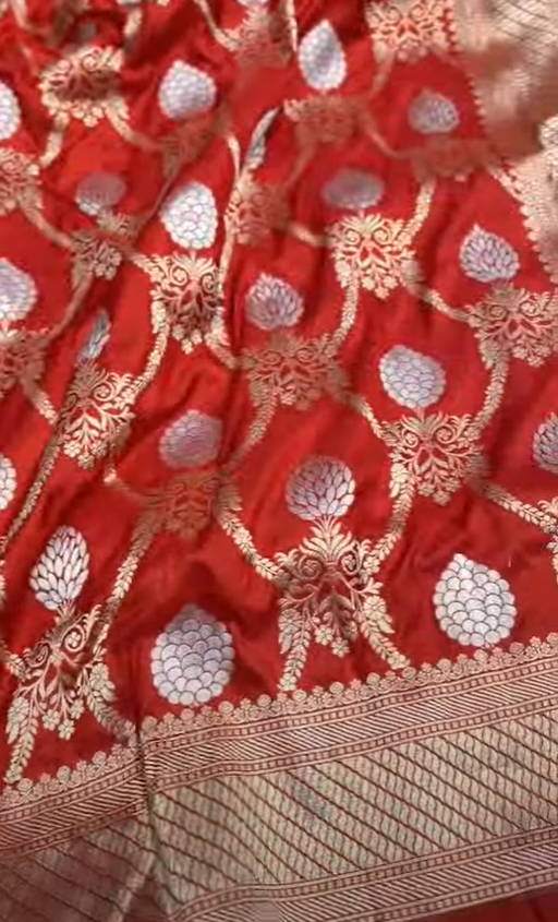 A bridal red Banarasi Katan silk saree featuring intricate hand-woven Sona Rupa zari motifs in gold and silver.