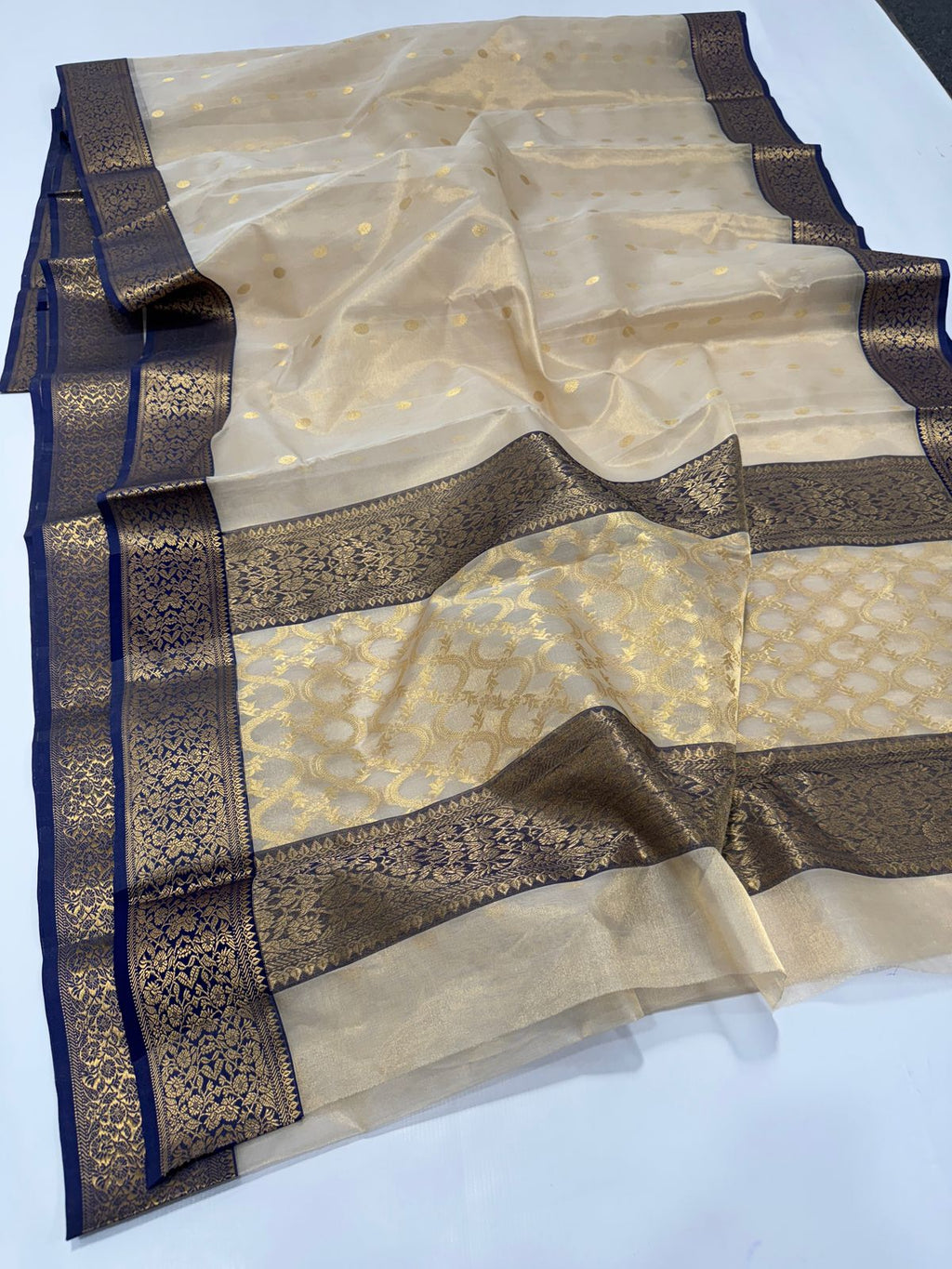 Beige Chanderi Handloom Katan Tissue Silk Saree