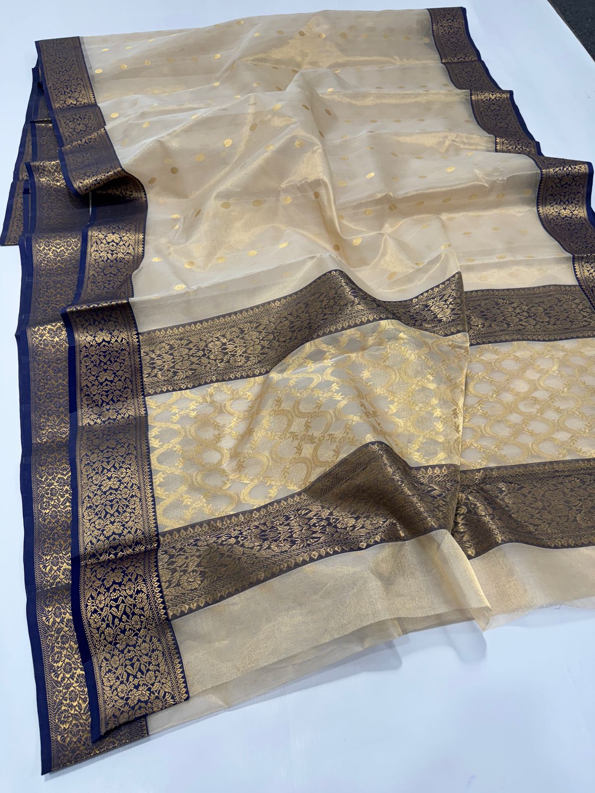 Beige Chanderi Handloom Katan Tissue Silk Saree