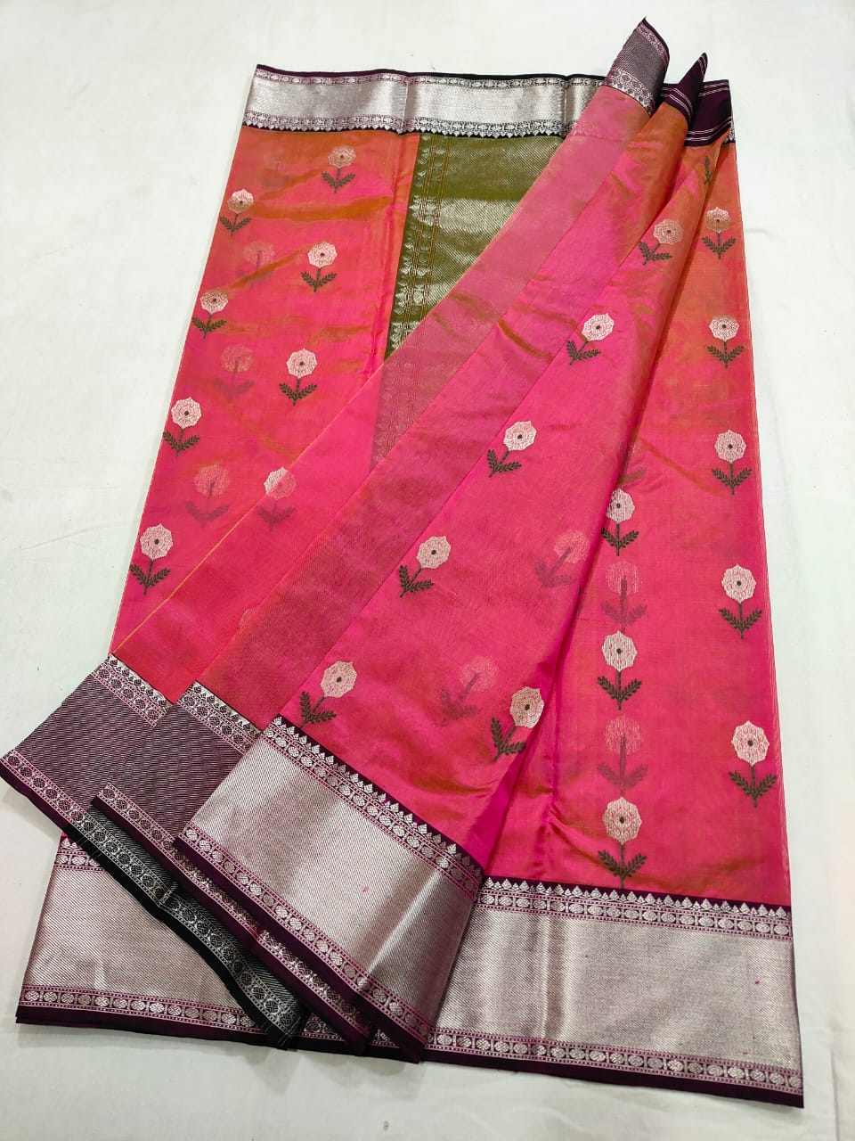 Hot Pink Chanderi Handloom Pattu Silk Meenakari Saree