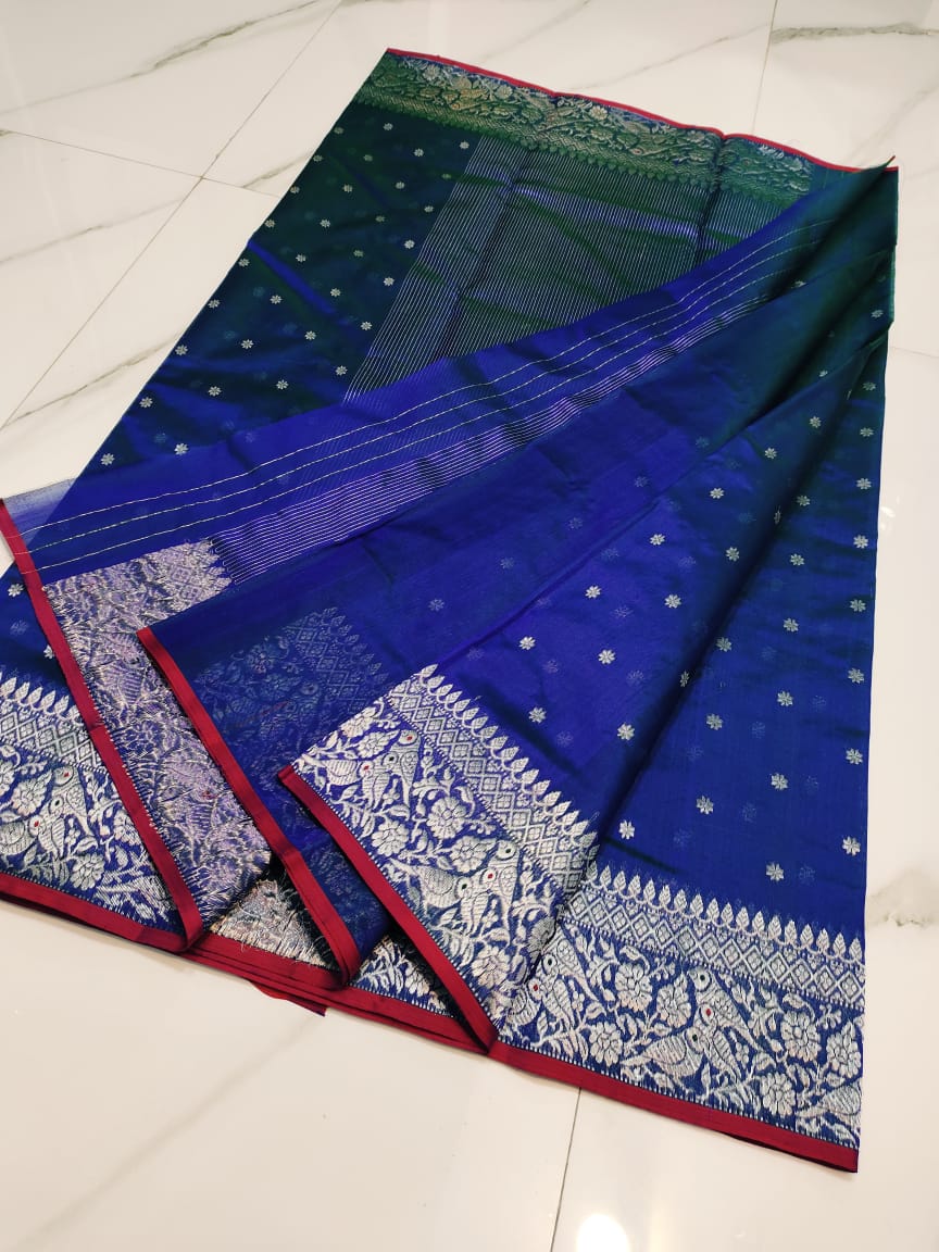 Dual Tone Blue Chanderi Handloom Pattu Silk Handwork Saree