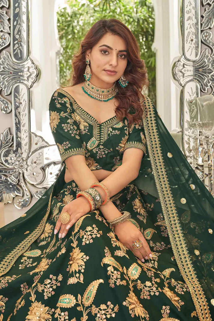 Green Art Silk Lehenga with Zari, Sequins & Dori Work