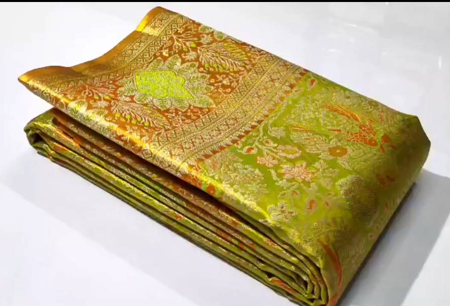 Lime Green Kanchipuram Handloom Tissue Brocade Meenakari Silk Saree