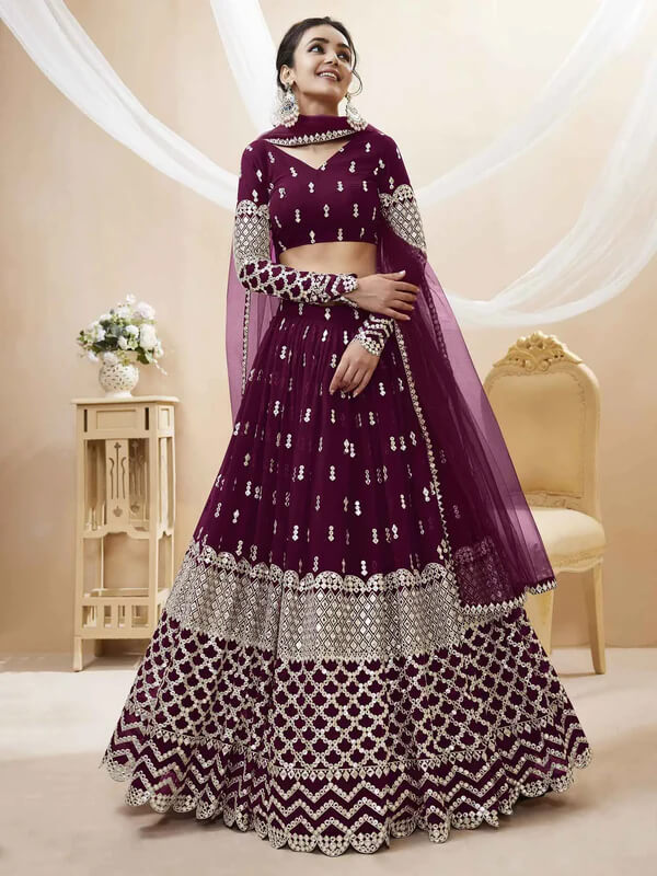 Wine Sequins & Zari Embroidered Georgette Lehenga